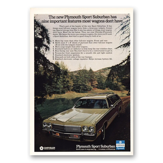 1973 Plymouth Nine Important Features Vintage Magazine Print Ad