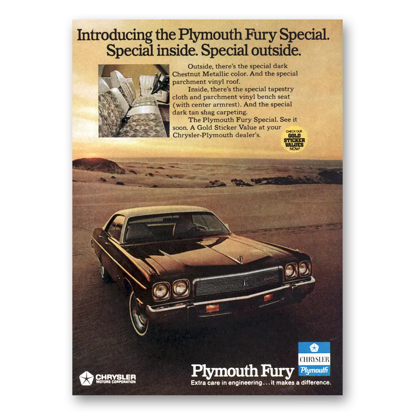 1973 Plymouth Fury Special Inside Outside Vintage Magazine Print Ad