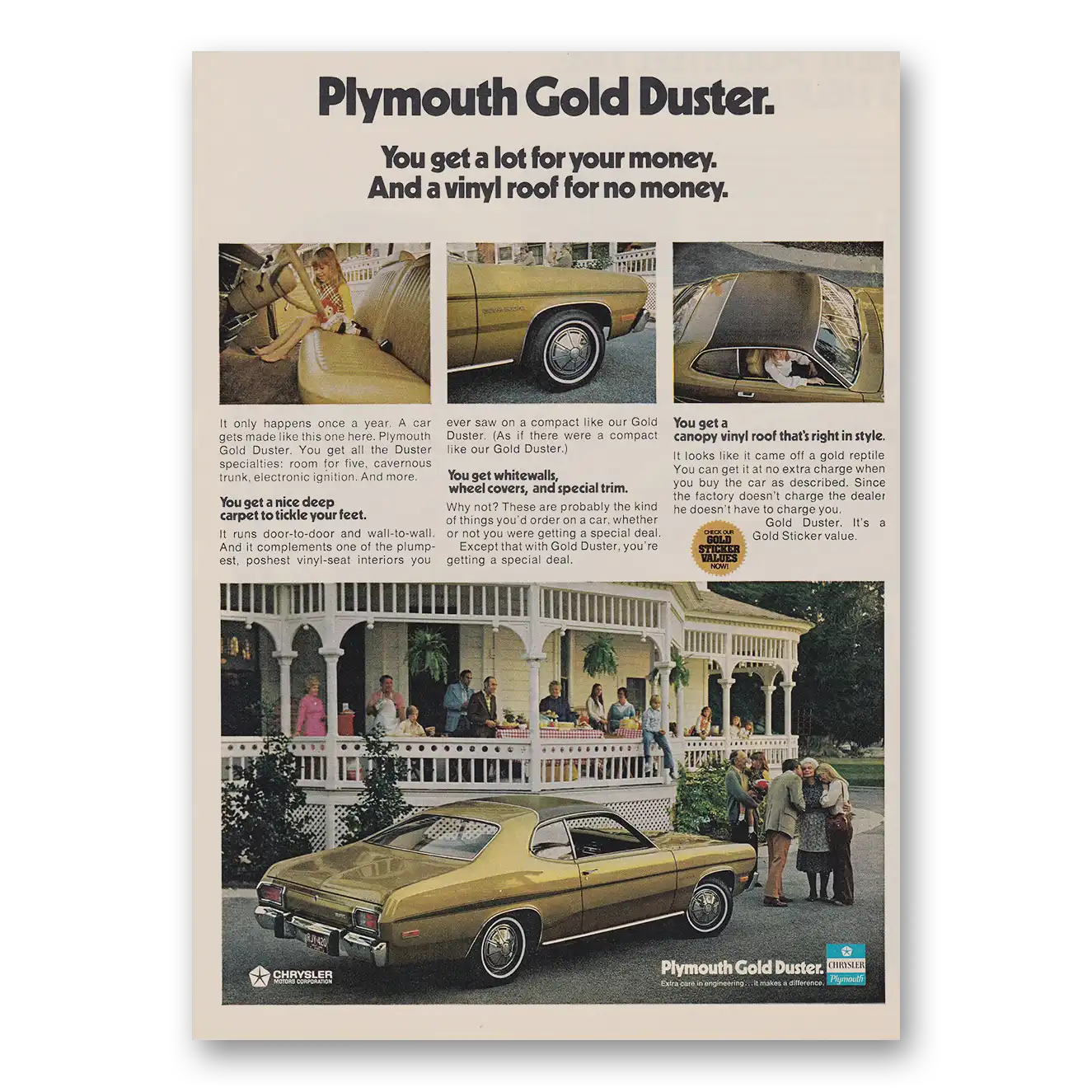 1973 Plymouth Duster Gold Duster You Get a Lot For Your Money Vintage Magazine Print Ad