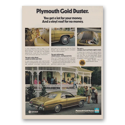 1973 Plymouth Duster Gold Duster You Get a Lot For Your Money Vintage Magazine Print Ad