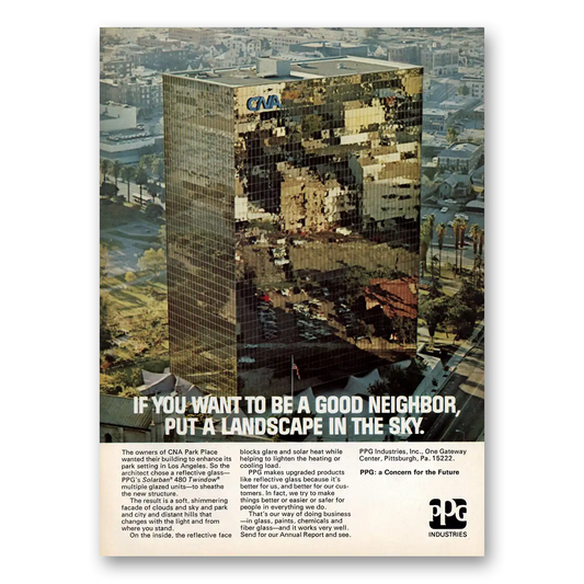 1973 PPG Pittsburgh Plate Glass Put Landscape in the Sky CNA Park Place Vintage Magazine Print Ad