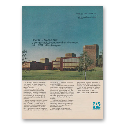 1973 PPG Pittsburgh Plate Glass Kresge Built Comfortable Economical Environment Vintage Magazine Print Ad