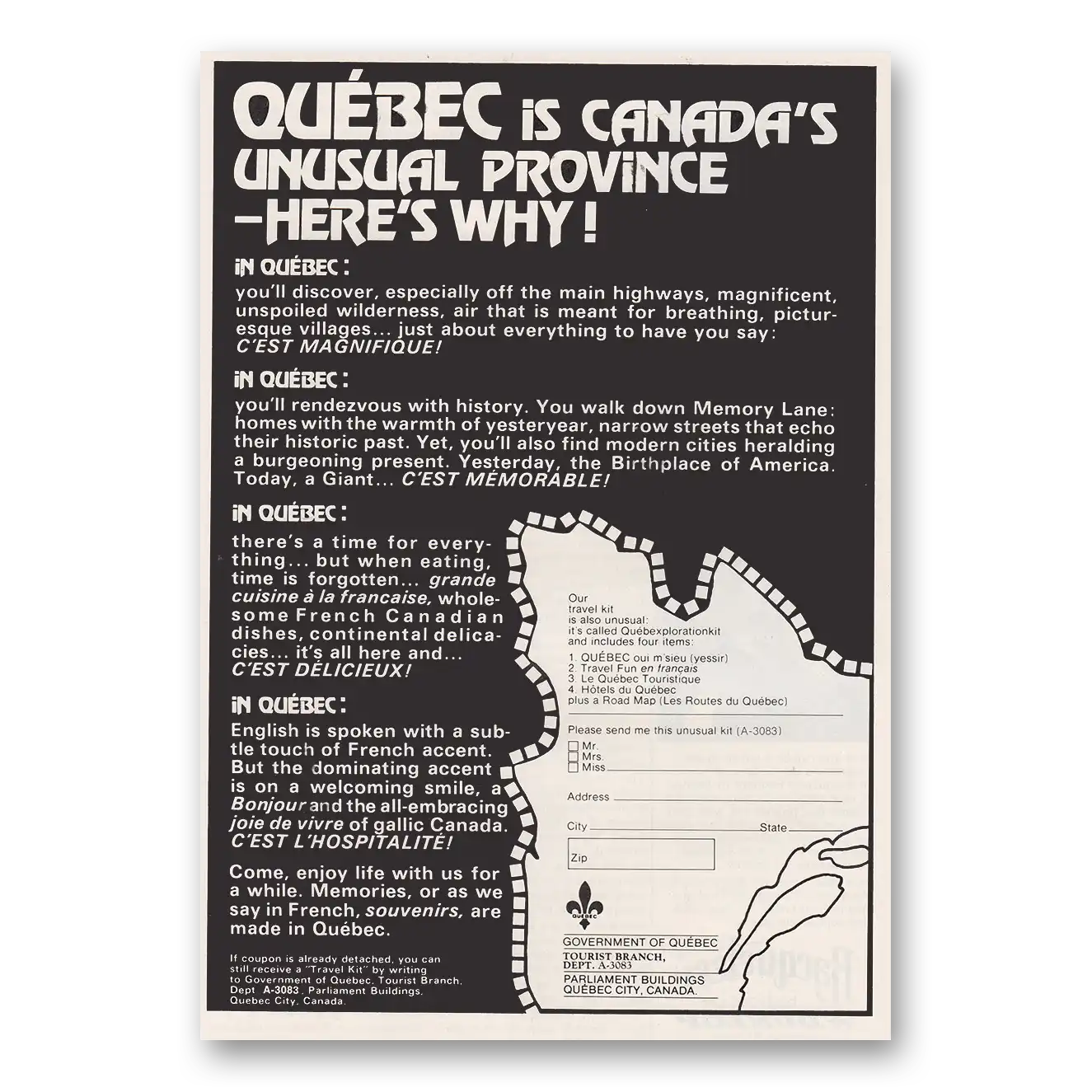 1973 Quebec Canada Unusual Province Heres Why Vintage Magazine Print Ad