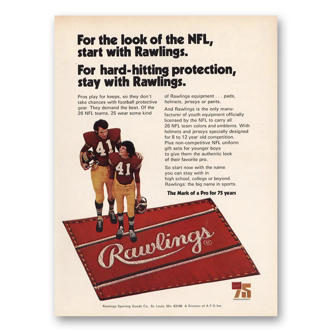 1973 Rawlings Football Protective Gear Look of the NFL Vintage Magazine Print Ad