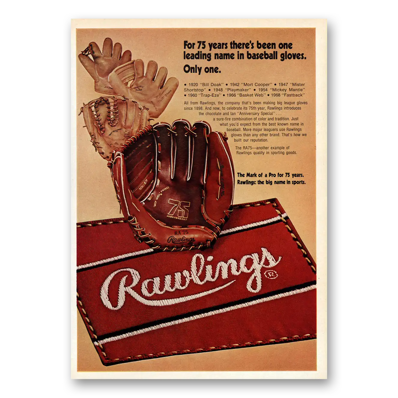 1973 Rawlings Baseball Gloves Leading Name In Baseball Gloves Vintage Magazine Print Ad