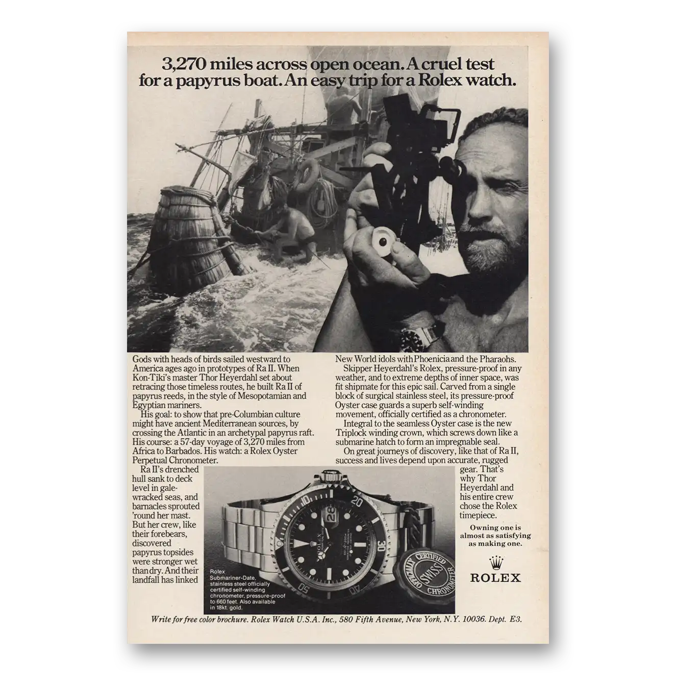 1973 Rolex Cruel Test for Papyrus Boat Vintage Magazine Print Ad