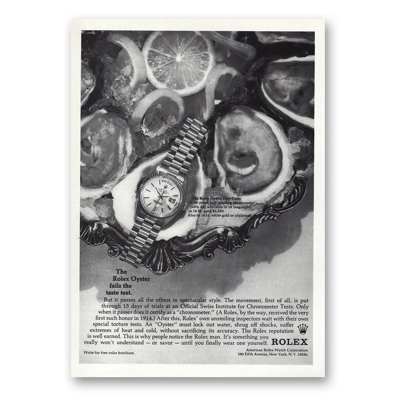 1973 Rolex Fails Taste Test Vintage Magazine Print Ad