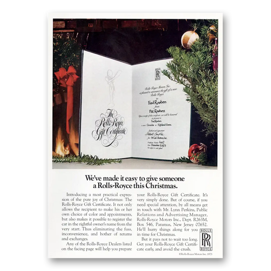 1973 Rolls Royce Gift Certificate We've Made It Easy Vintage Magazine Print Ad