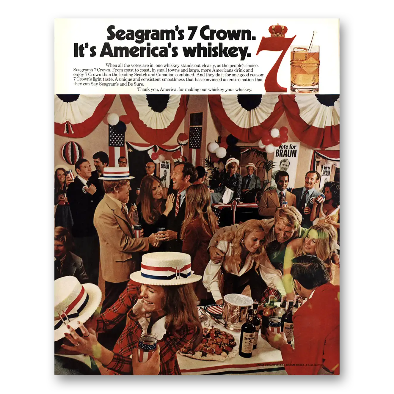 1973 Seagrams 7 Crown Whiskey Americas Whiskey Election Vintage Magazine Print Ad