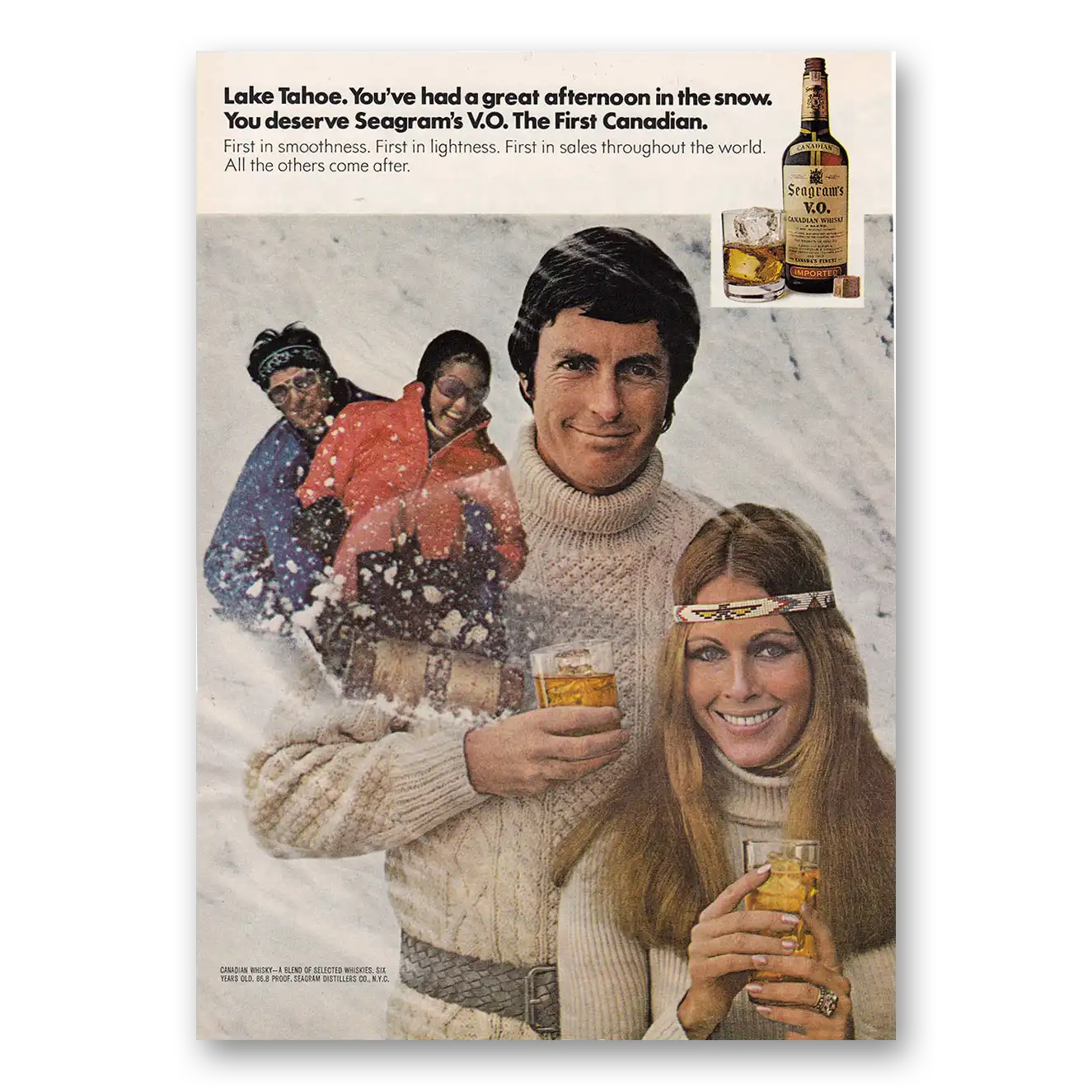 1973 Seagrams VO Whisky Lake Tahoe You've Had a Great Afternoon In the Snow Vintage Magazine Print Ad