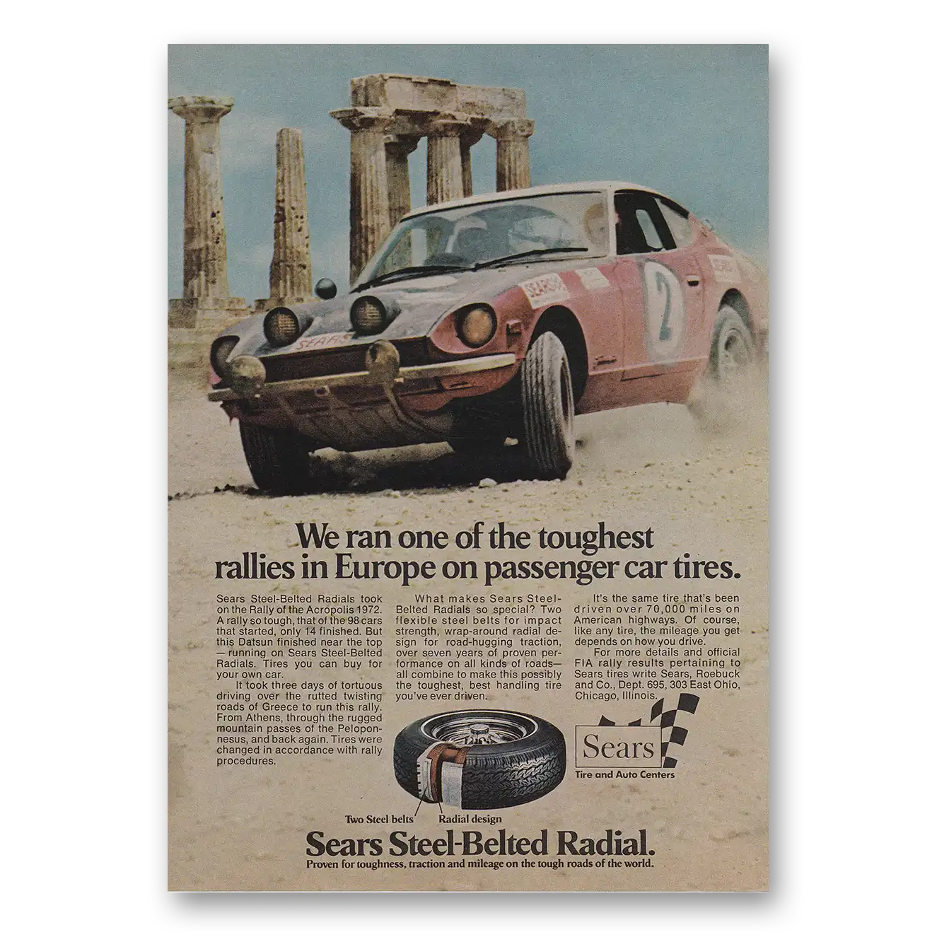 1973 Sears Tires We Ran One of Toughest Rallies In Europe Vintage Magazine Print Ad