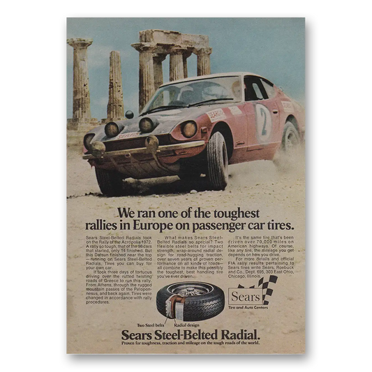 1973 Sears Tires We Ran One of Toughest Rallies In Europe Vintage Magazine Print Ad