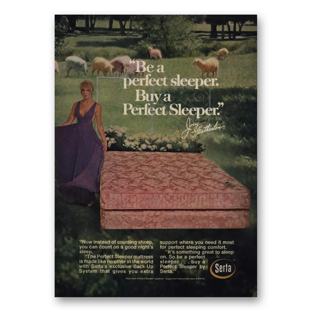 1973 Serta Mattress Perfect Sleeper Joey Heatherton Vintage Magazine Print Ad