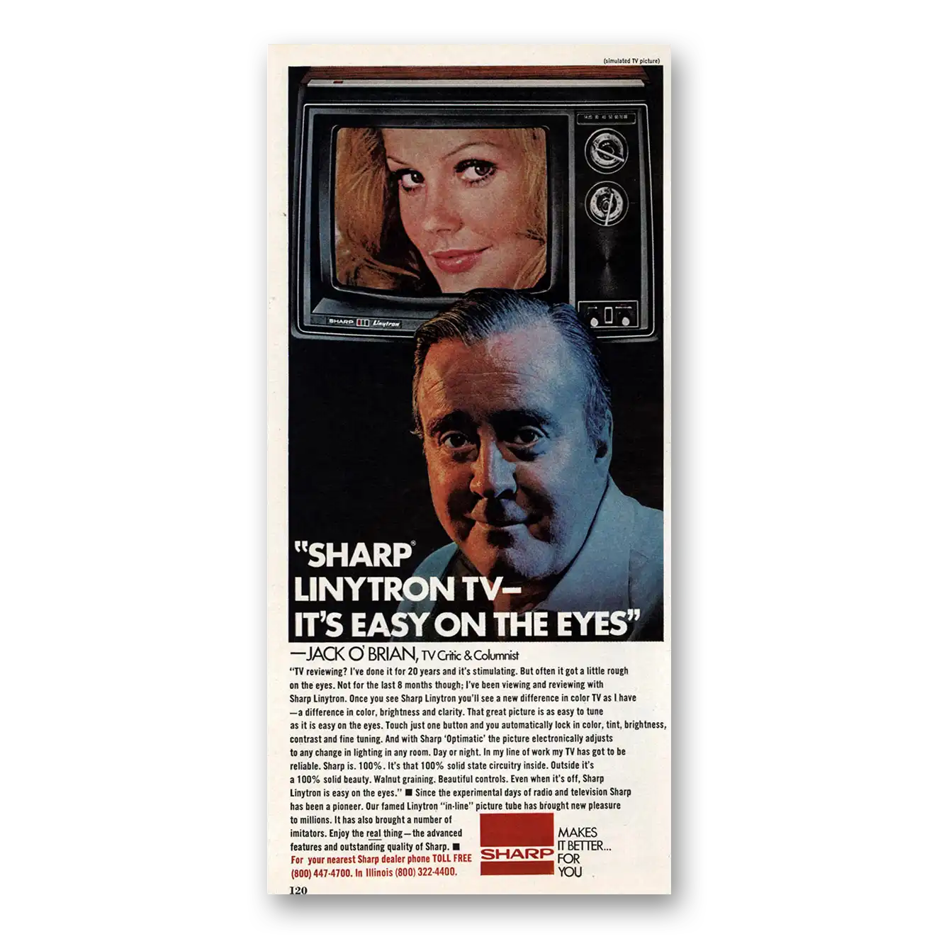 1973 Sharp Linytron TV Jack O Brian Vintage Magazine Print Ad