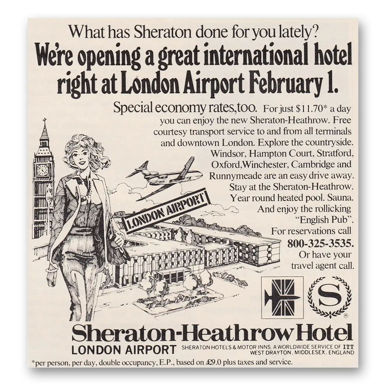 1973 Sheraton Heathrow Hotel Right At London Airport Vintage Magazine Print Ad