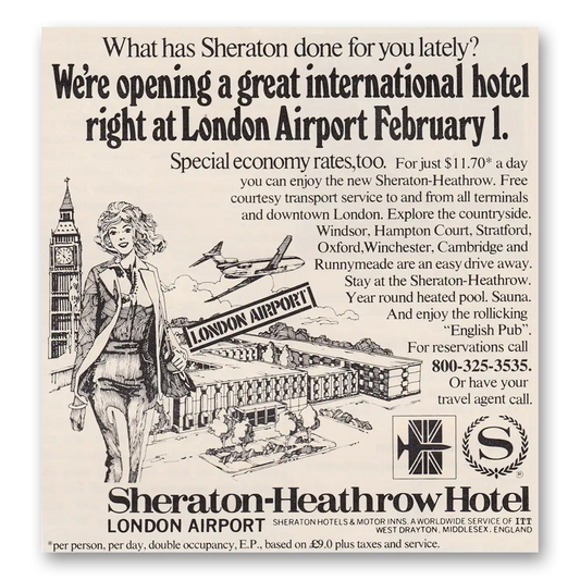 1973 Sheraton Heathrow Hotel Right At London Airport Vintage Magazine Print Ad