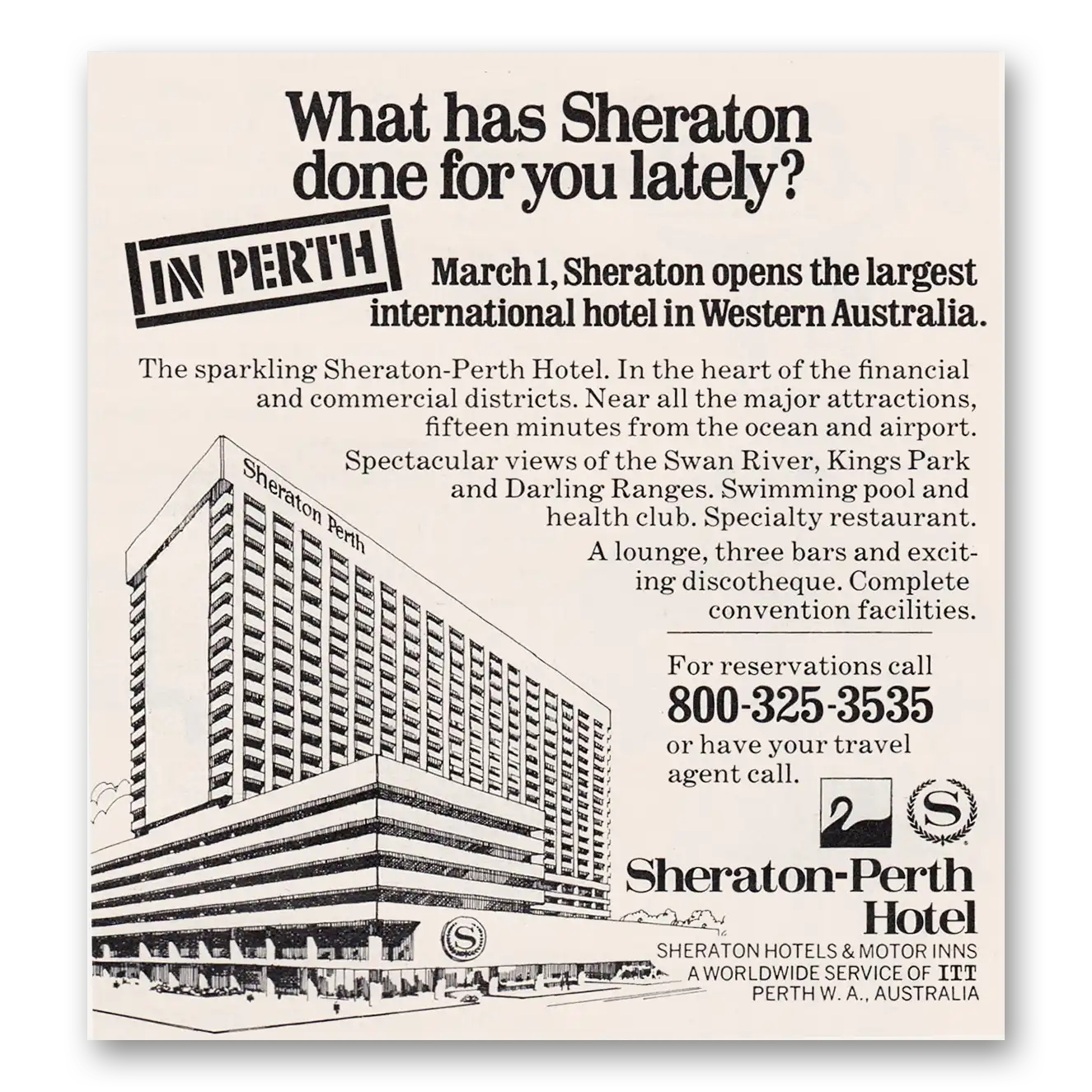 1973 Sheraton Perth Hotel Opens the Largest International Hotel Vintage Magazine Print Ad