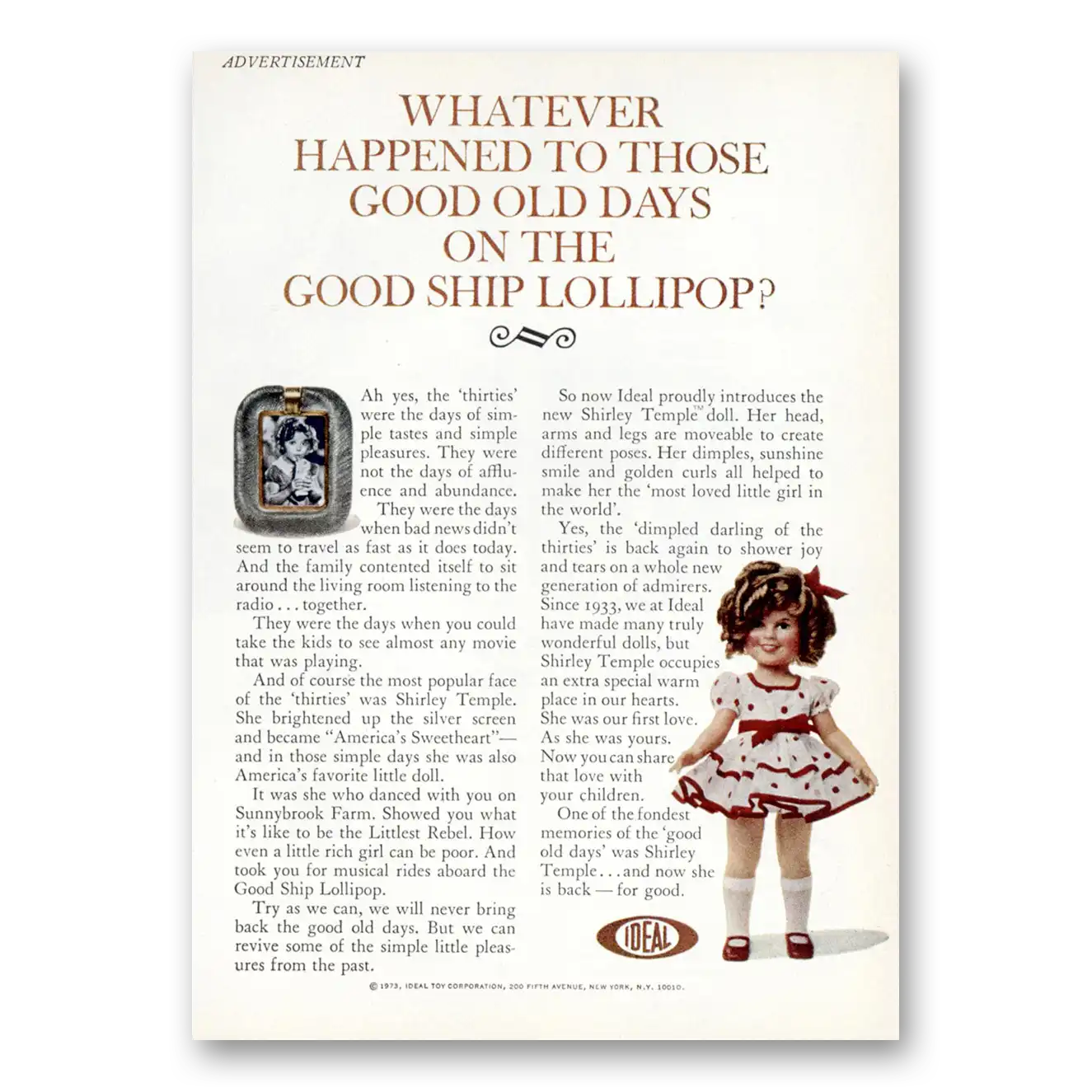 1973 Shirley Temple Doll Good Ship Lollipop Vintage Magazine Print Ad