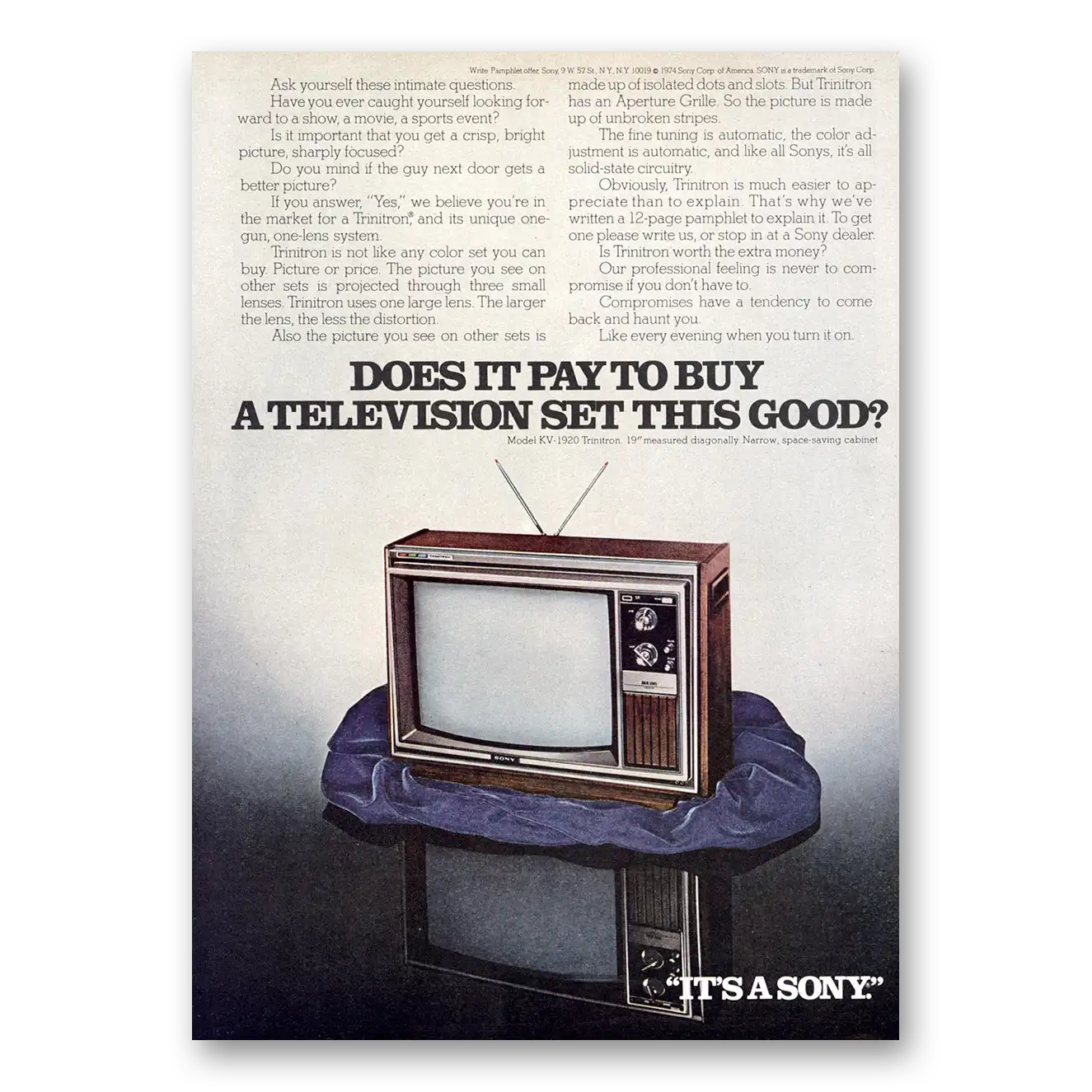 1973 Sony Trinitron Buy a Television This Good Vintage Magazine Print Ad