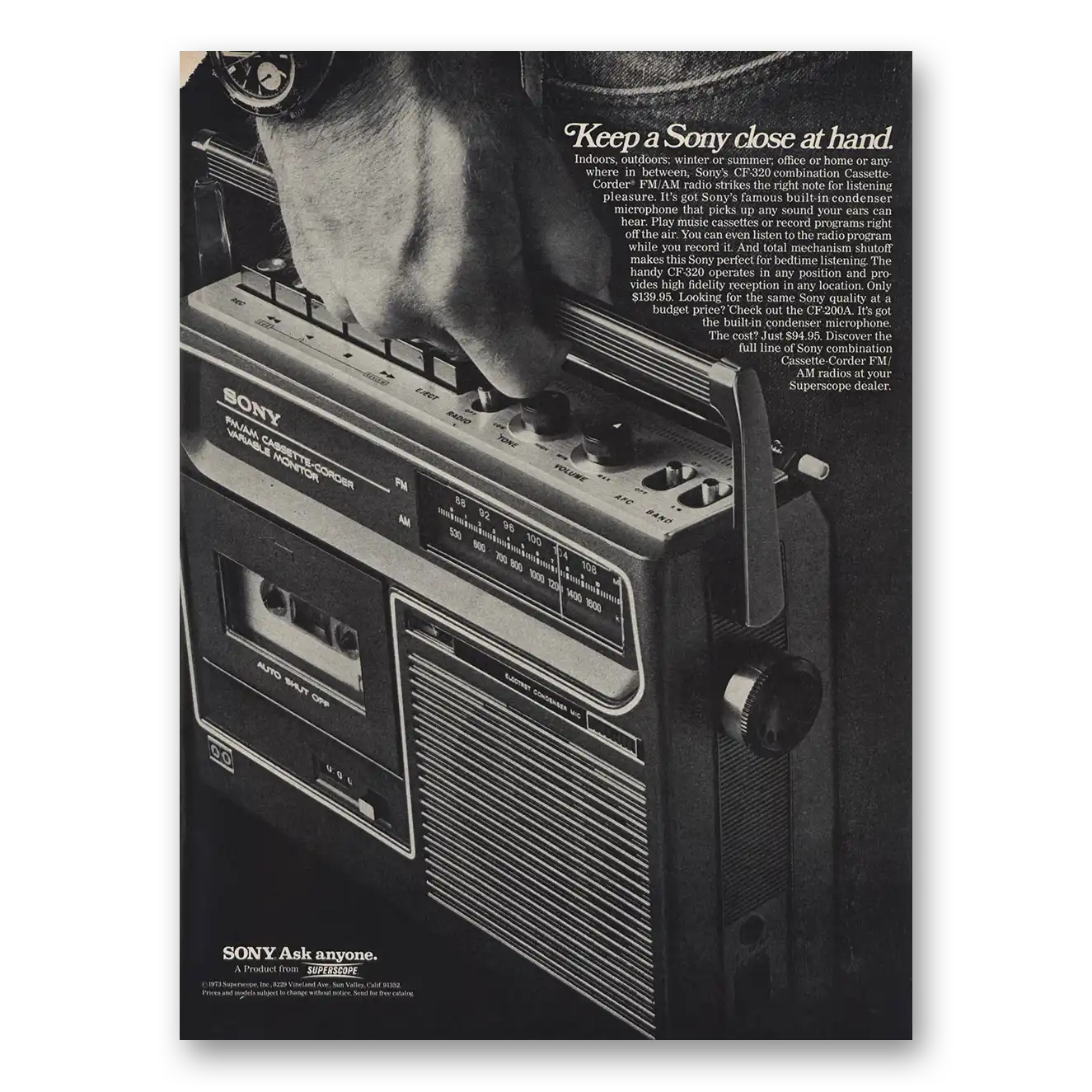 1973 Sony Cassette Corder Close at Hand Vintage Magazine Print Ad