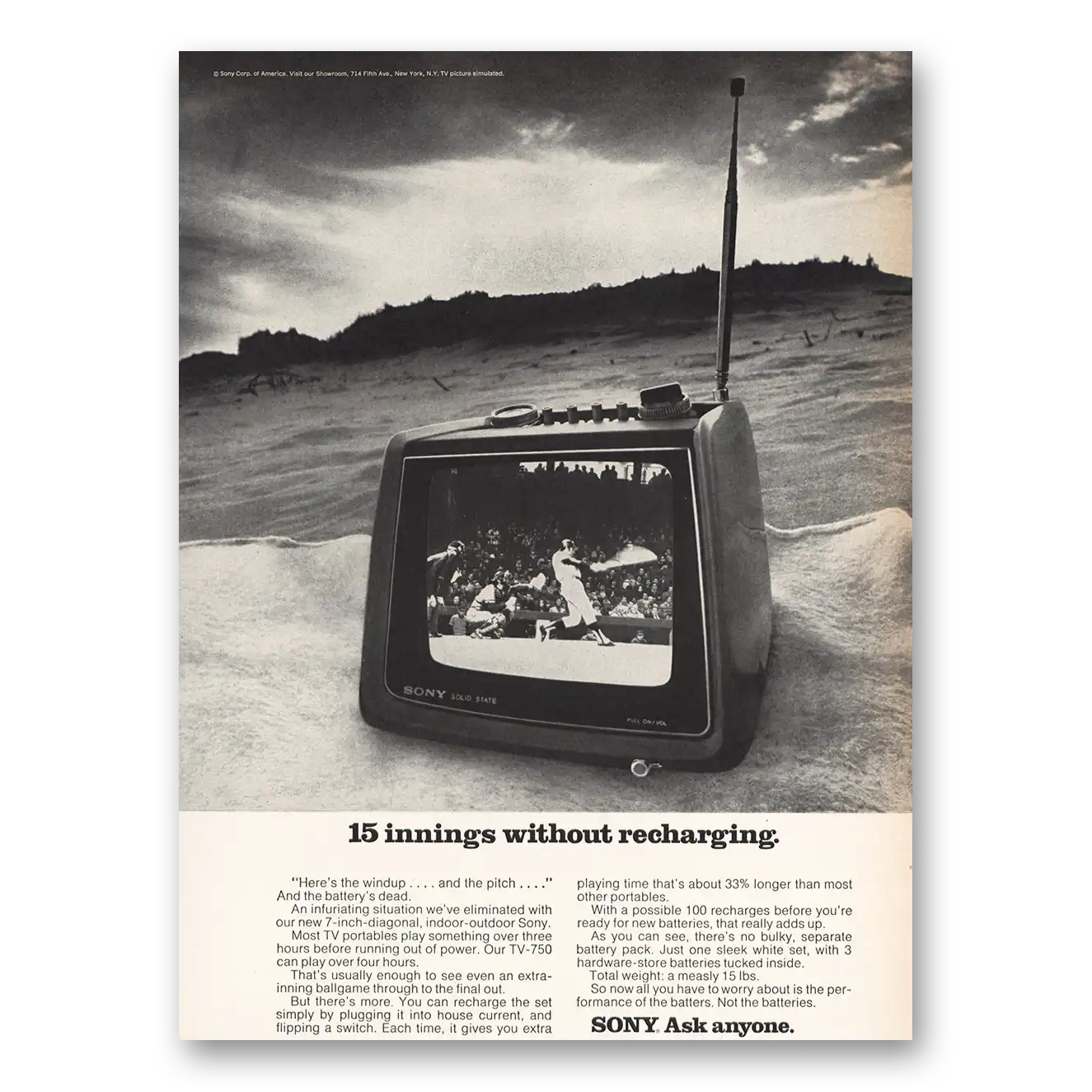 1973 Sony Television 15 Innings Without Recharging Vintage Magazine Print Ad