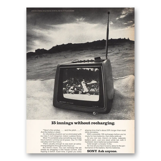 1973 Sony Television 15 Innings Without Recharging Vintage Magazine Print Ad