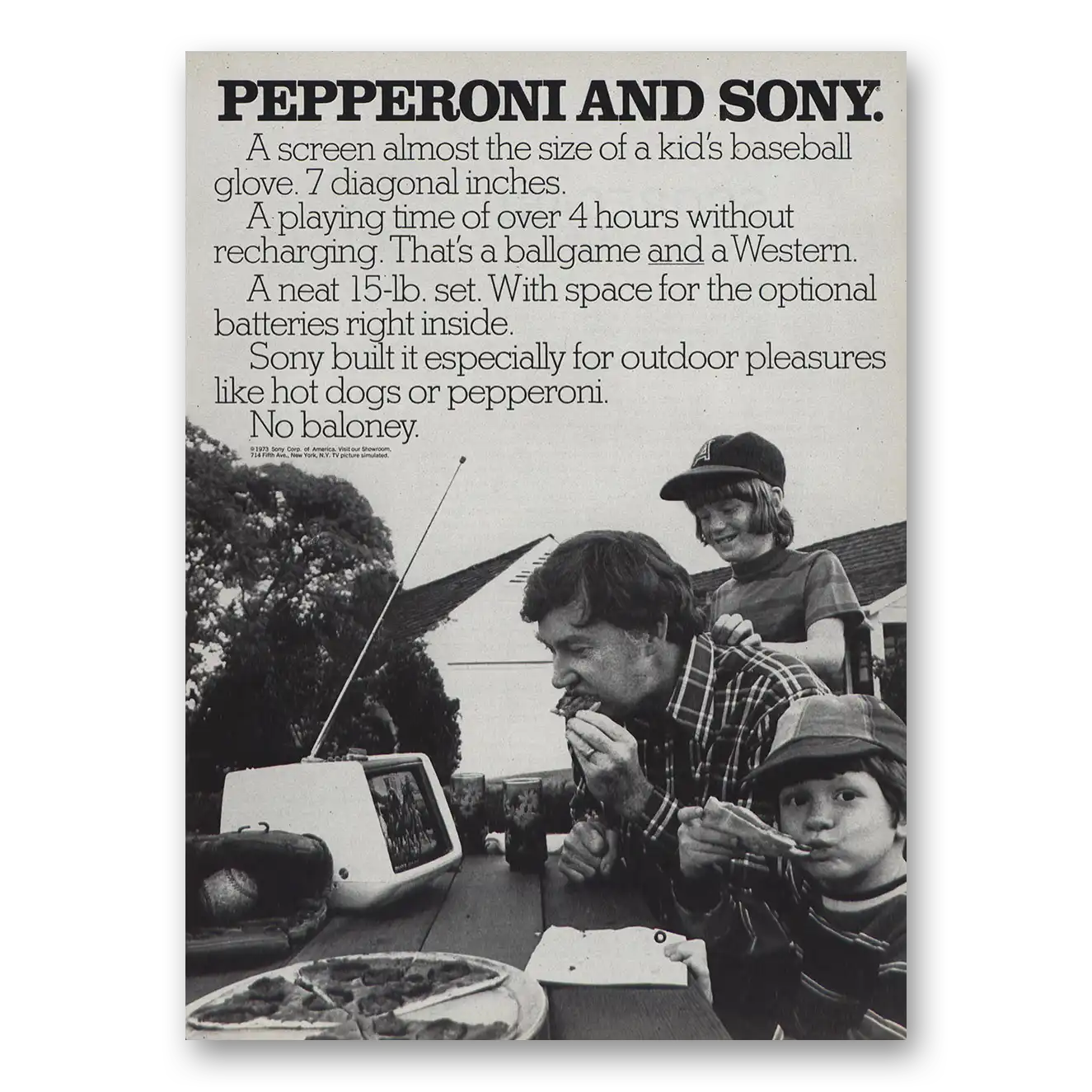 1973 Sony Portable TV Pepperoni and Sony Vintage Magazine Print Ad