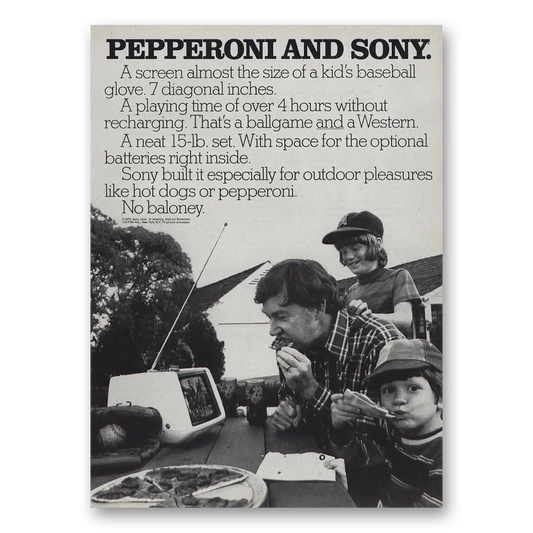 1973 Sony Portable TV Pepperoni and Sony Vintage Magazine Print Ad