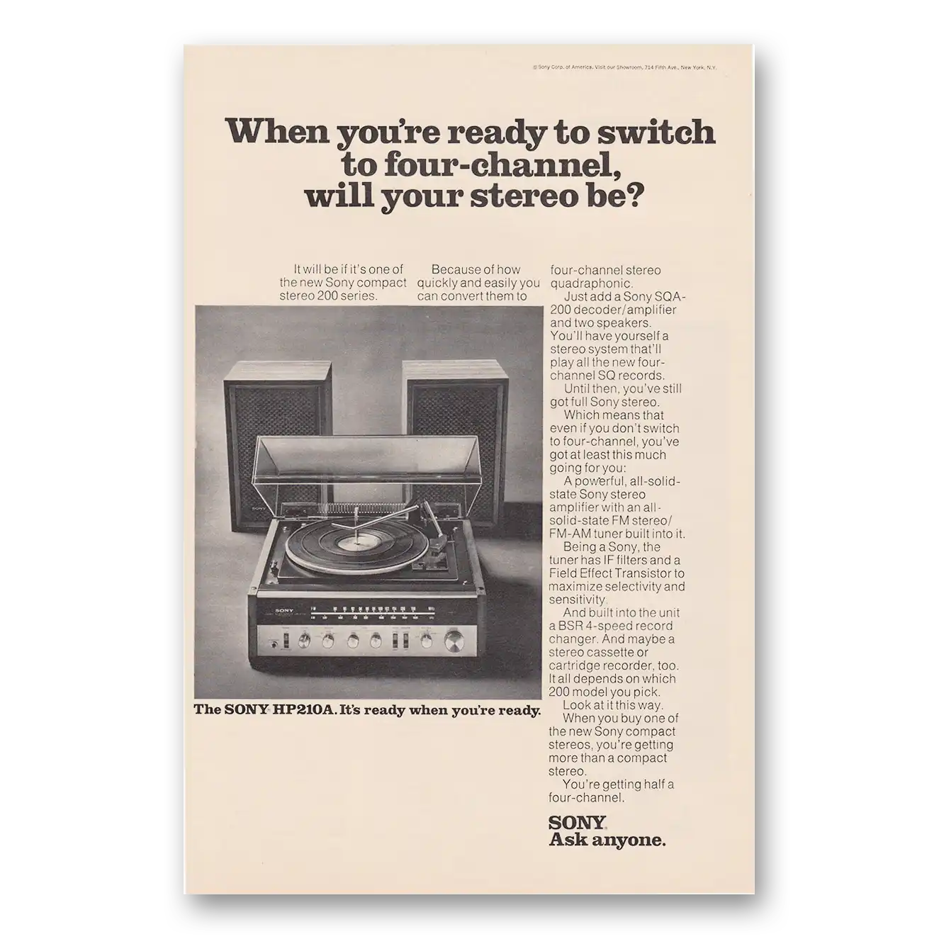 1973 Sony Stereo Ready to Switch to Four Channel Vintage Magazine Print Ad