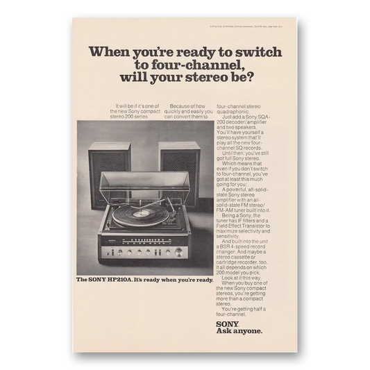 1973 Sony Stereo Ready to Switch to Four Channel Vintage Magazine Print Ad