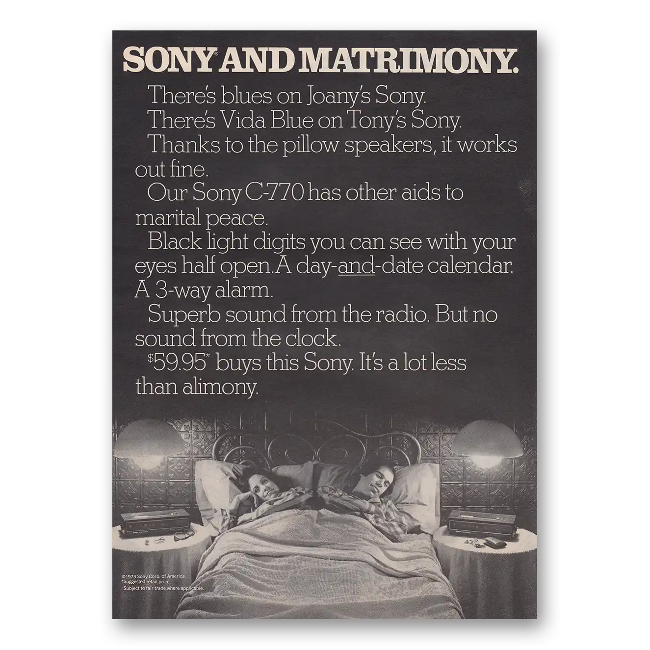 1973 Sony Radio Sony and Matrimony Vintage Magazine Print Ad