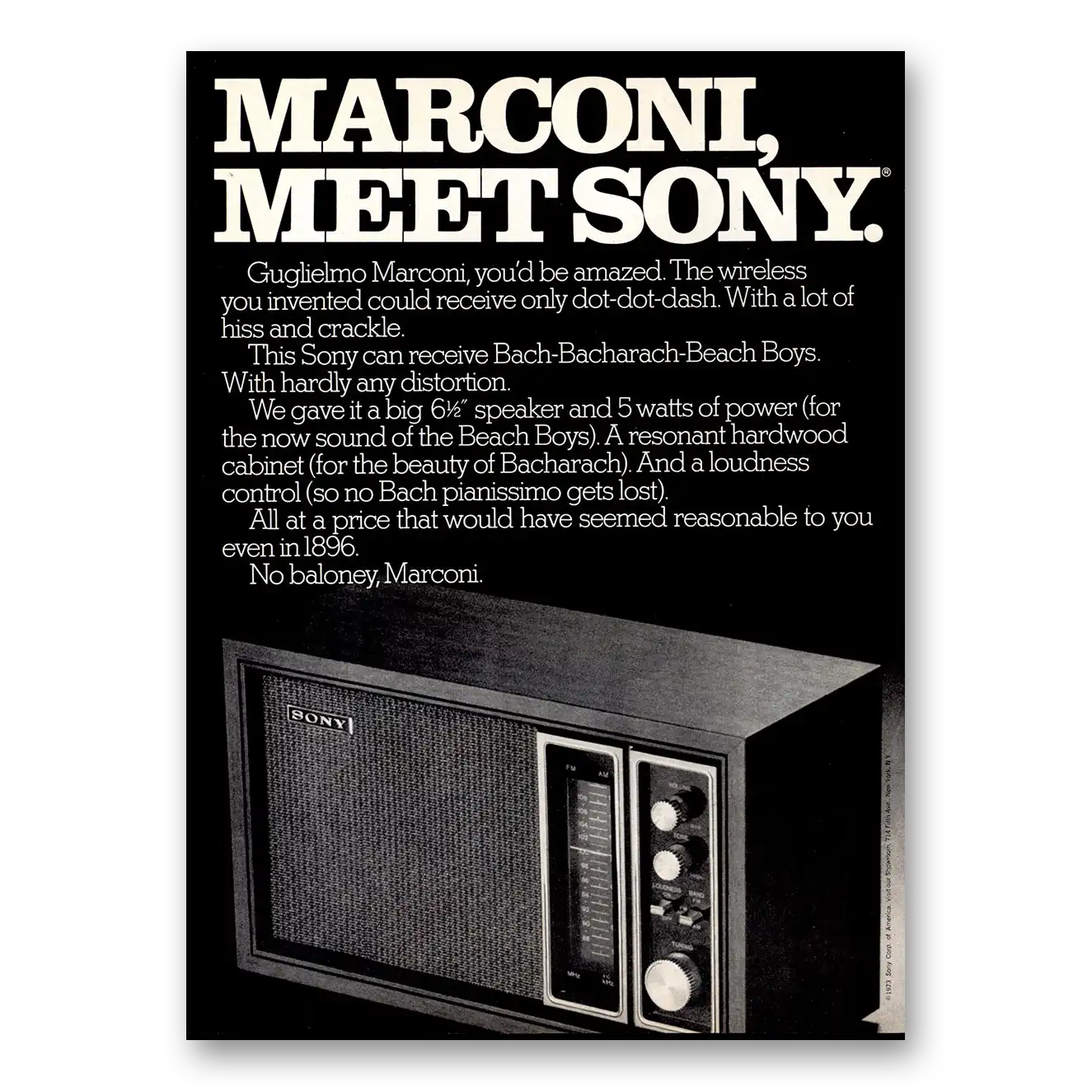 1973 Sony Radio Marconi Meet Sony Vintage Magazine Print Ad