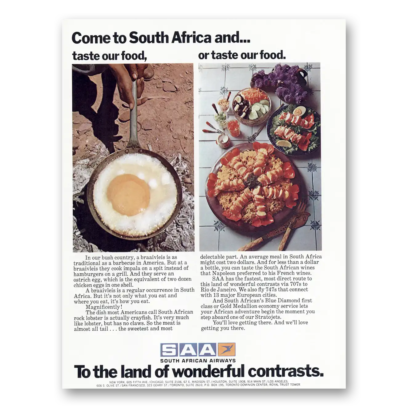 1973 South African Airways Come to South Africa Taste Our Food Vintage Magazine Print Ad