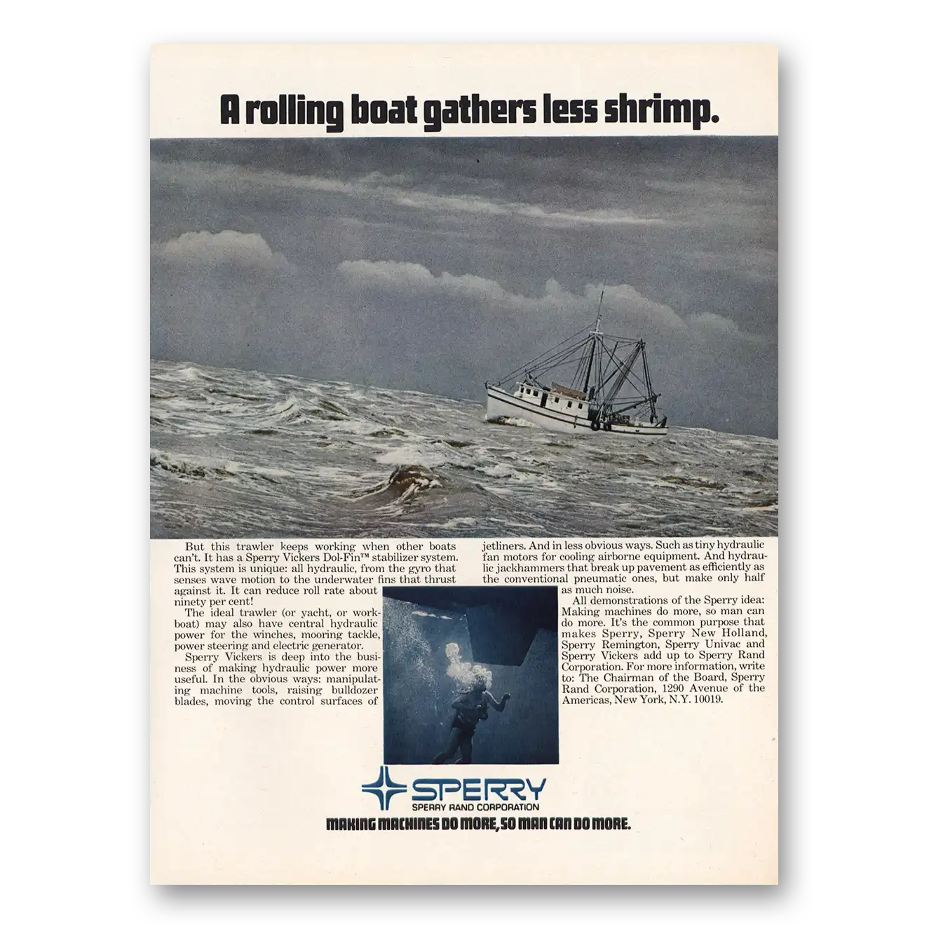 1973 Sperry Rand Rolling Boat Gathers Less Shrimp Vintage Magazine Print Ad