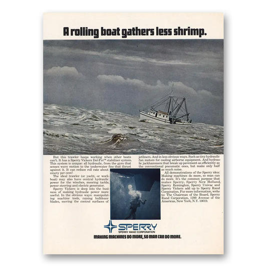 1973 Sperry Rand Rolling Boat Gathers Less Shrimp Vintage Magazine Print Ad