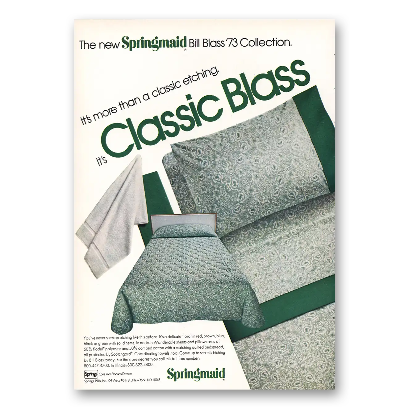 1973 Springmaid Fabrics Bill Blass Collection Vintage Magazine Print Ad