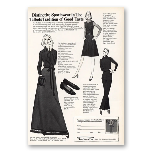 1973 Talbots Distinctive Sportswear Vintage Magazine Print Ad