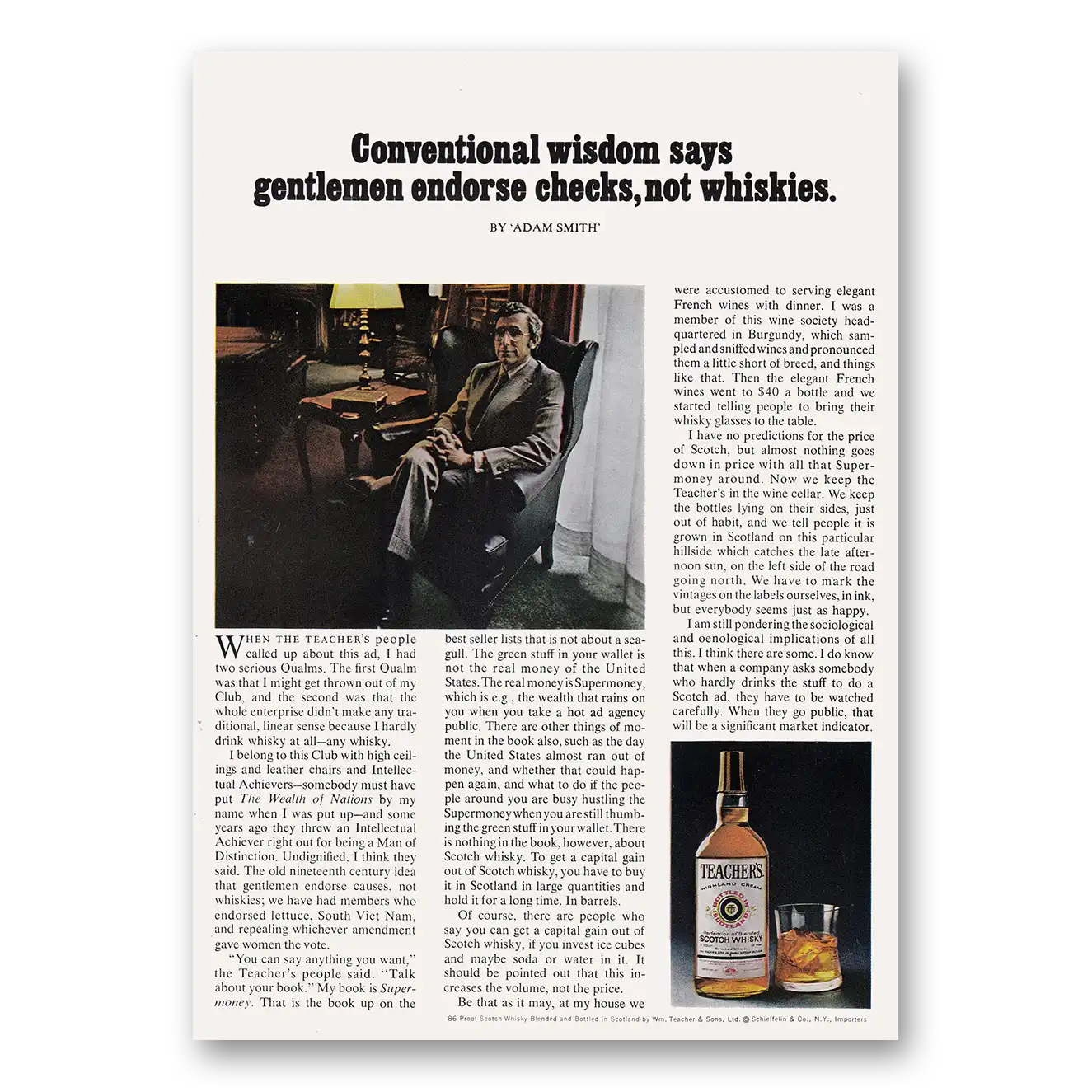 1973 Teachers Whisky Conventional Wisdom Says Gentlemen Endorse Checks Vintage Magazine Print Ad