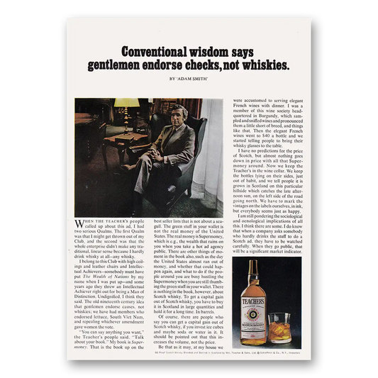 1973 Teachers Whisky Conventional Wisdom Says Gentlemen Endorse Checks Vintage Magazine Print Ad