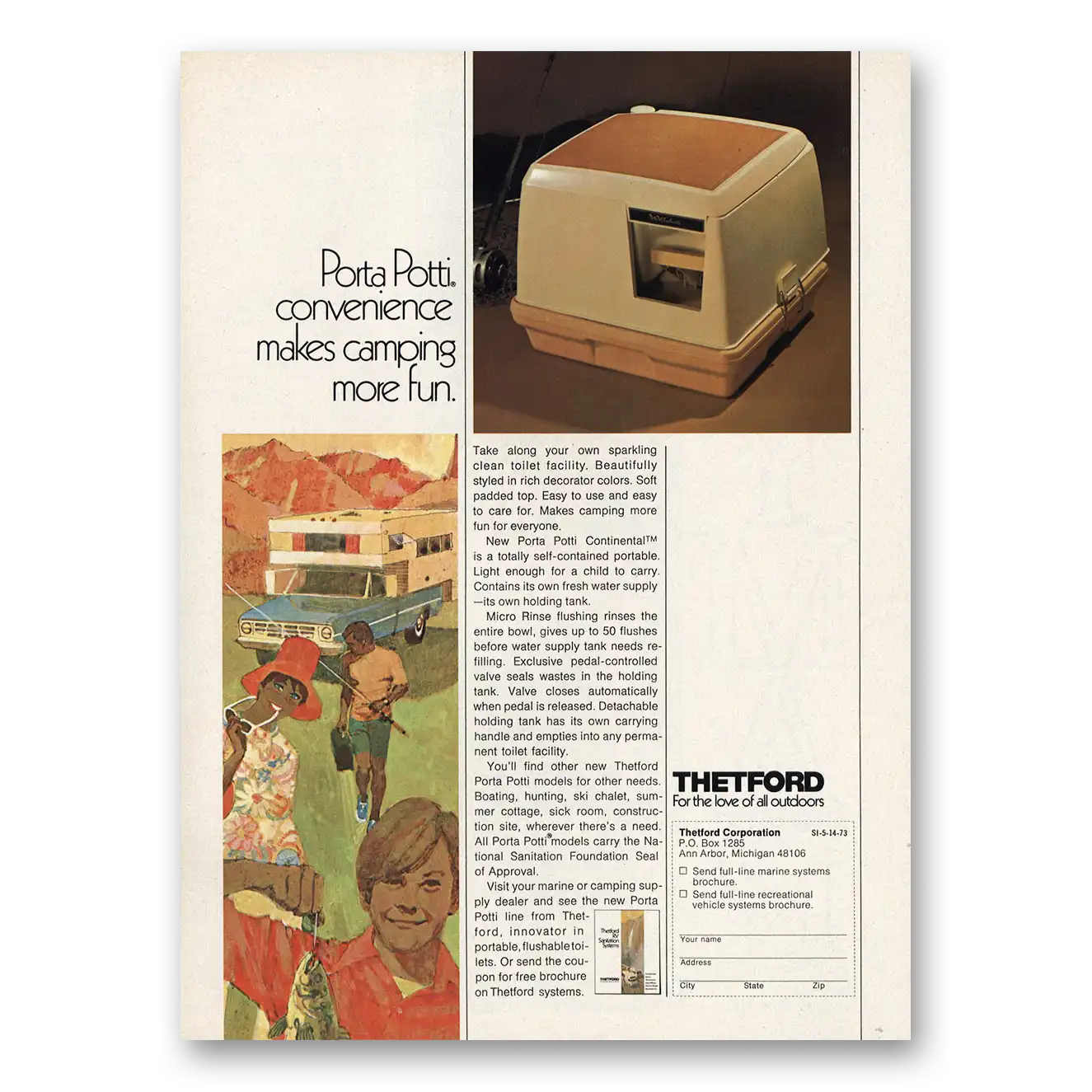 1973 Porta Potti Makes Camping More Fun Vintage Magazine Print Ad