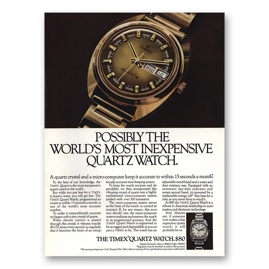 1973 Timex Watch Most Inexpensive Quartz Watch Vintage Magazine Print Ad