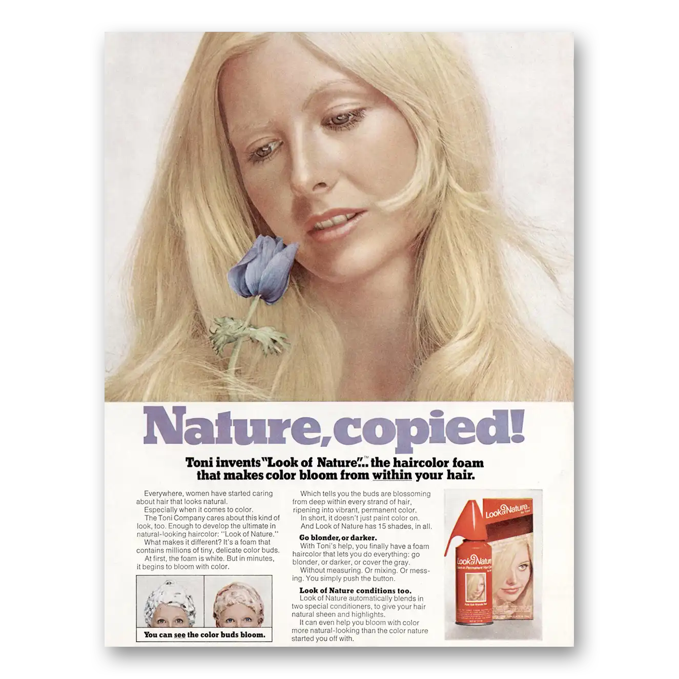 1973 Toni Look of Nature Nature Copied Vintage Magazine Print Ad