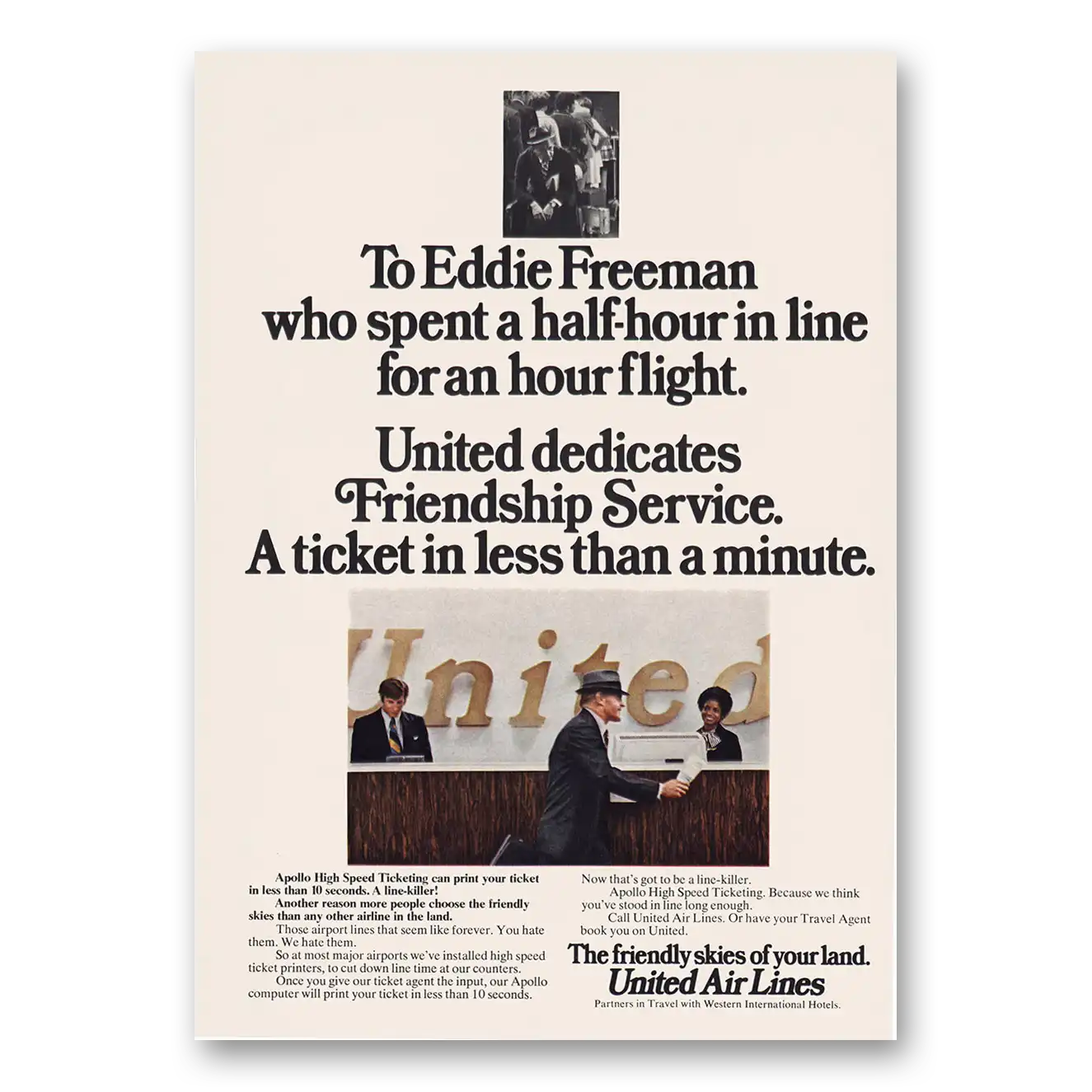 1973 United Airlines Eddie Freeman Friendship Service Vintage Magazine Print Ad