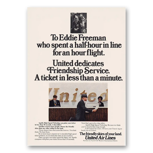 1973 United Airlines Eddie Freeman Friendship Service Vintage Magazine Print Ad