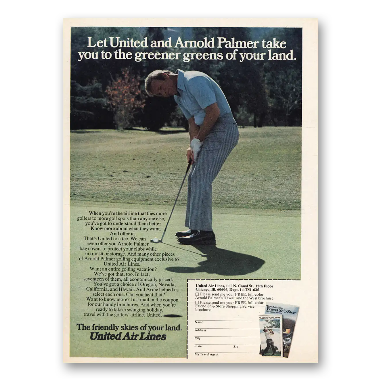 1973 United Airlines Arnold Palmer Take You to the Greener Greens Vintage Magazine Print Ad