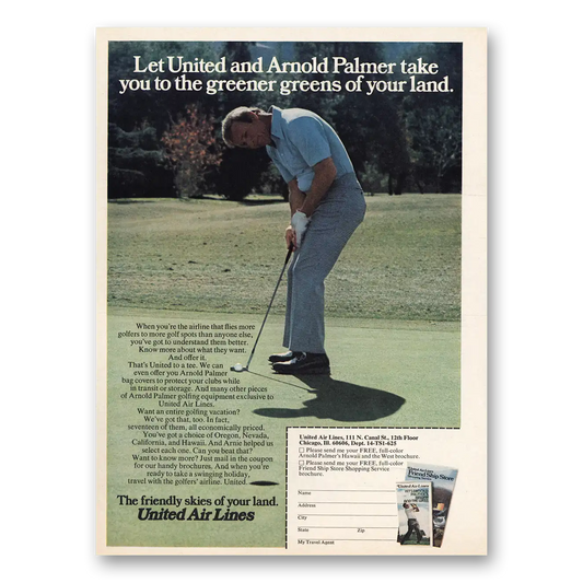 1973 United Airlines Arnold Palmer Take You to the Greener Greens Vintage Magazine Print Ad