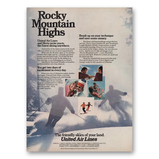 1973 United Airlines Rocky Mountain Highs Vintage Magazine Print Ad