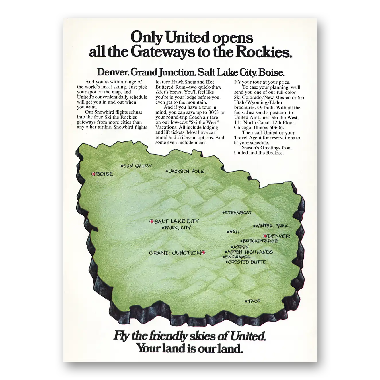 1973 United Airlines Gateways to the Rockies Vintage Magazine Print Ad