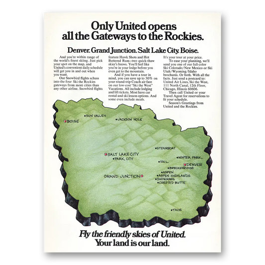 1973 United Airlines Gateways to the Rockies Vintage Magazine Print Ad