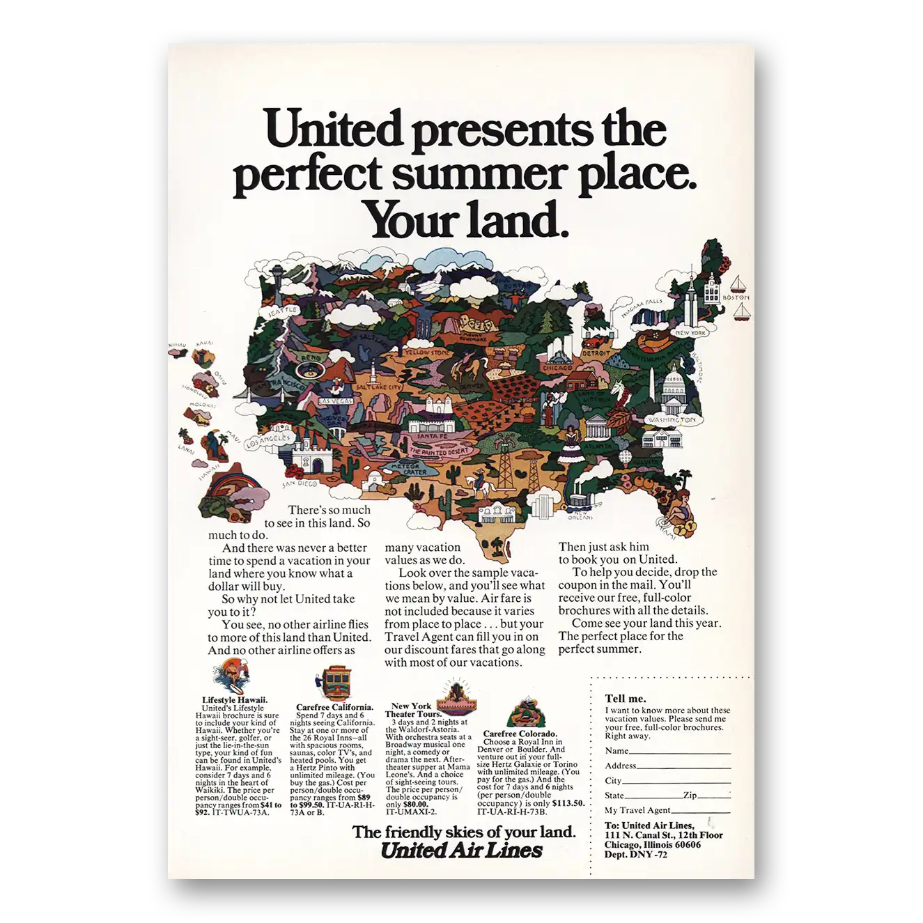 1973 United Airlines Perfect Summer Place Vintage Magazine Print Ad